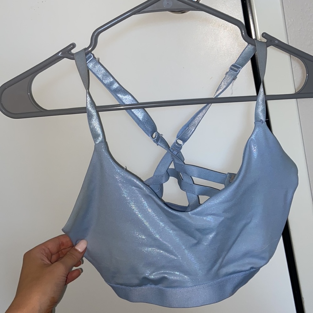 Sparkly light blue sports bra